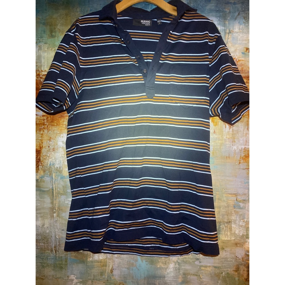Murano Liquid Luxury Slim Fit Polo Shirt Mens Large Navy‎ Gold Striped Cotton
